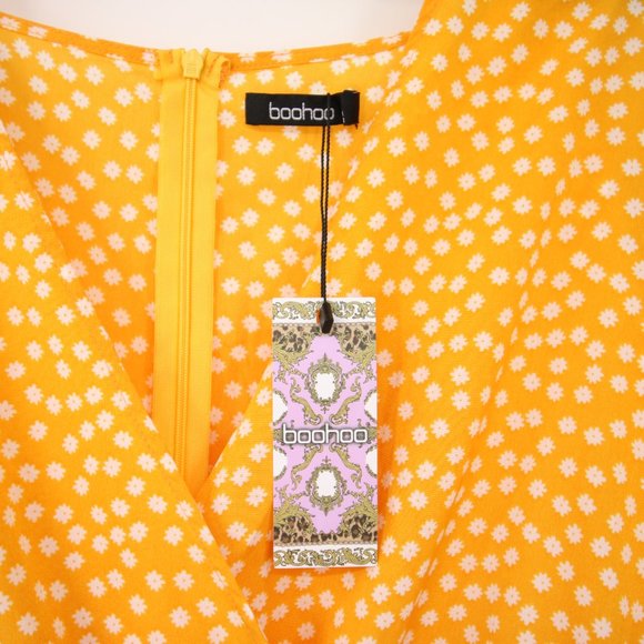 Boohoo Mustard Yellow Daisy Wrap Dress Size 18 New with Tags - Picture 4 of 7